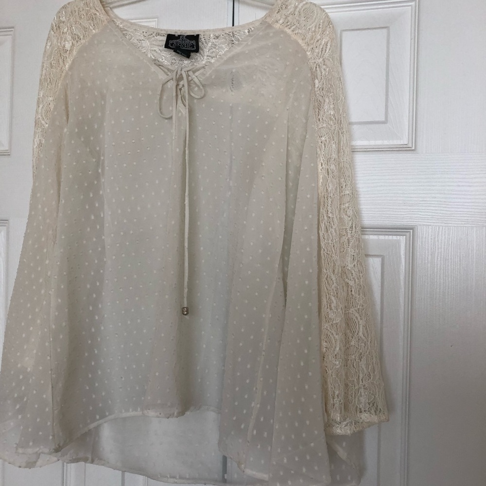 Elegant sheer top with bell lace sleeves. EUC.
